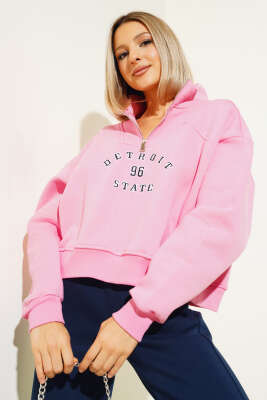 Nakışlı Fermuarlı Üç İplik Kısa Sweatshirt Pembe 