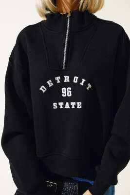 Nakışlı Fermuarlı Üç İplik Kısa Sweatshirt Siyah - Kadın Giyim Modelleri