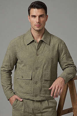 Nakışlı File Astarlı Erkek Ceket Haki - GİESTO