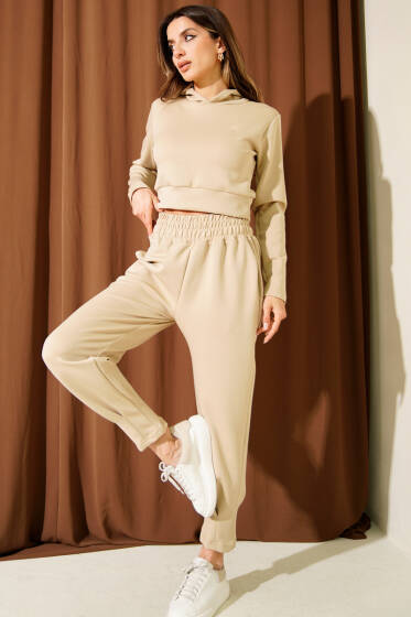 Nakışlı Kapüşonlu Crop İkili Takım Bej - Kadın Giyim Modelleri