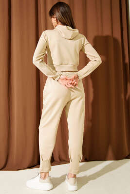 Nakışlı Kapüşonlu Crop İkili Takım Bej - Kadın Giyim Modelleri