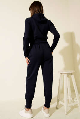 Nakışlı Kapüşonlu Crop İkili Takım Lacivert - Kadın Giyim Modelleri