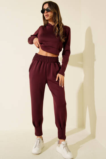 Nakışlı Kapüşonlu Crop İkili Takım Mürdüm - Kadın Giyim Modelleri