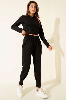 Nakışlı Kapüşonlu Crop İkili Takım Siyah - Kadın Giyim Modelleri