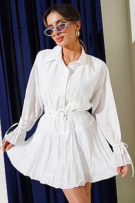 Nakışlı Kemerli Elbise Beyaz - REYON