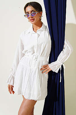 Nakışlı Kemerli Elbise Beyaz - Kadın Giyim Modelleri