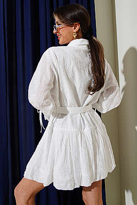 Nakışlı Kemerli Elbise Beyaz - Kadın Giyim Modelleri