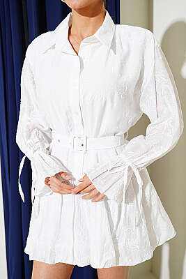 Nakışlı Kemerli Elbise Beyaz - Kadın Giyim Modelleri