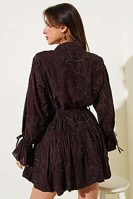 Nakışlı Kemerli Elbise Kahve - Kadın Giyim Modelleri