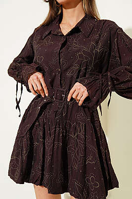 Nakışlı Kemerli Elbise Kahve - Kadın Giyim Modelleri