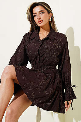 Nakışlı Kemerli Elbise Kahve - REYON