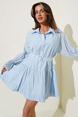 Nakışlı Kemerli Elbise Mavi - REYON