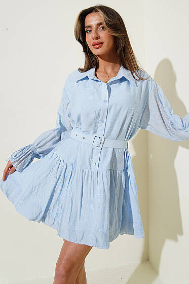 Nakışlı Kemerli Elbise Mavi - Kadın Giyim Modelleri