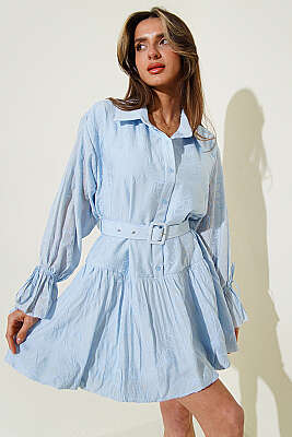 Nakışlı Kemerli Elbise Mavi - Kadın Giyim Modelleri