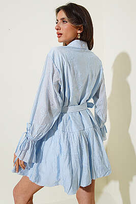 Nakışlı Kemerli Elbise Mavi - Kadın Giyim Modelleri