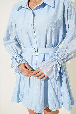 Nakışlı Kemerli Elbise Mavi - Kadın Giyim Modelleri