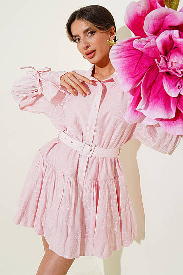 Nakışlı Kemerli Elbise Pembe - Kadın Giyim Modelleri