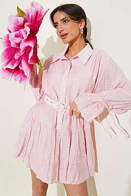 Nakışlı Kemerli Elbise Pembe - Kadın Giyim Modelleri