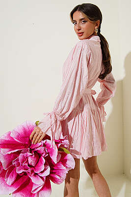 Nakışlı Kemerli Elbise Pembe - Kadın Giyim Modelleri