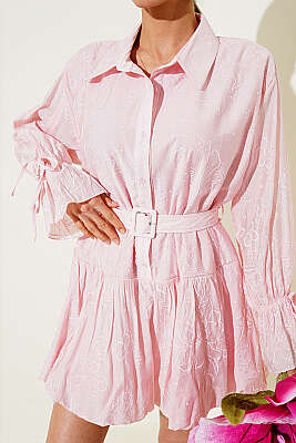 Nakışlı Kemerli Elbise Pembe - Kadın Giyim Modelleri