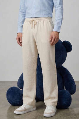 Nakışlı Keten Erkek Pantolon Bej - GİESTO