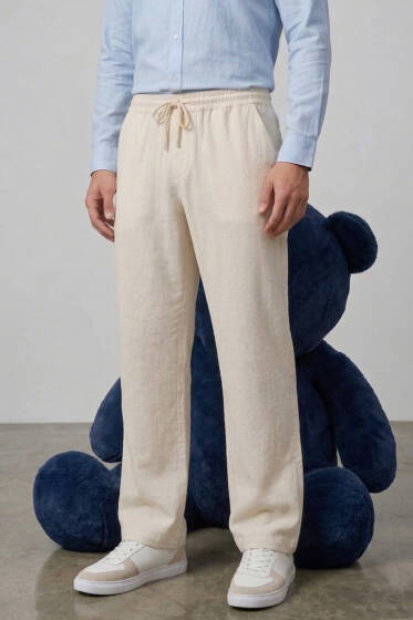 Nakışlı Keten Erkek Pantolon Bej - Erkek Pantolon