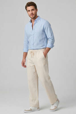 Nakışlı Keten Erkek Pantolon Bej - Erkek Pantolon