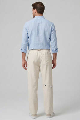 Nakışlı Keten Erkek Pantolon Bej - Erkek Pantolon