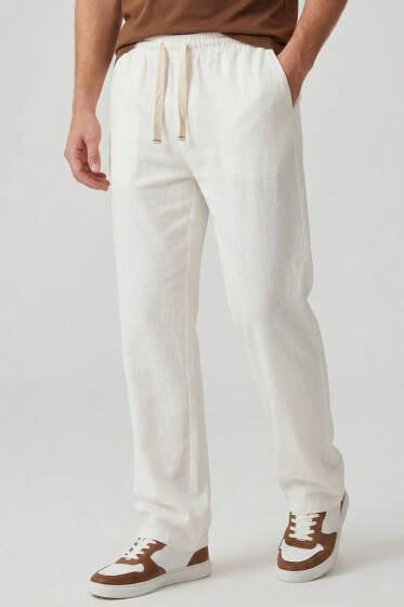 Nakışlı Keten Erkek Pantolon Beyaz - Erkek Pantolon