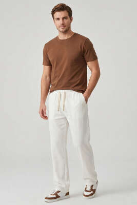 Nakışlı Keten Erkek Pantolon Beyaz - Erkek Pantolon