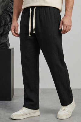 Nakışlı Keten Erkek Pantolon Siyah - Erkek Pantolon