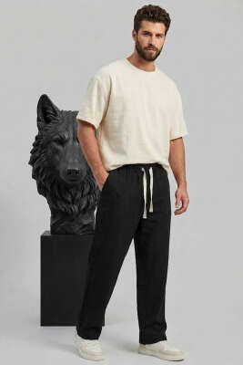 Nakışlı Keten Erkek Pantolon Siyah - GİESTO