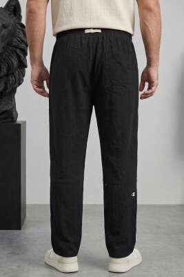 Nakışlı Keten Erkek Pantolon Siyah - Erkek Pantolon