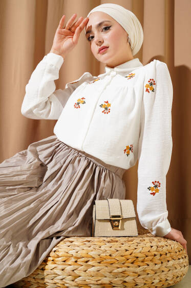 Nakışlı Kısa Gömlek Beyaz - Gömlek