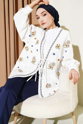 Nakışlı Önü Bağlamalı Hırka Ekru - HELLIE