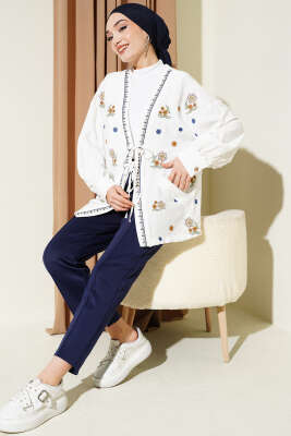 Nakışlı Önü Bağlamalı Hırka Ekru - Hırka