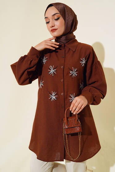 Nakışlı Pullu Gömlek Kahve - Gömlek