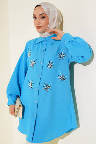 Nakışlı Pullu Gömlek Mavi - Gömlek