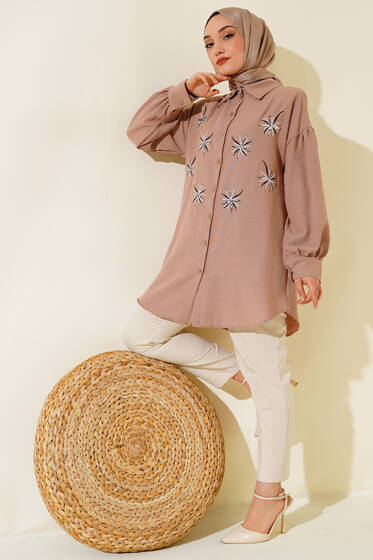 Nakışlı Pullu Gömlek Vizon - Gömlek