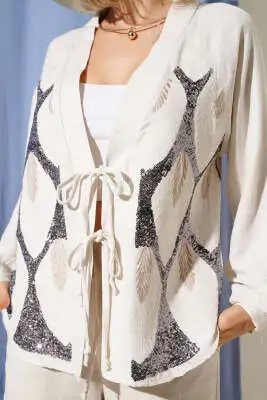 Nakışlı Pullu Keten Kimono Bej - Kadın Giyim Modelleri