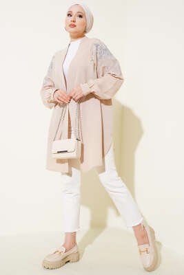 Nakışlı Pullu Kimono Bej - Yılın Fırsatı 