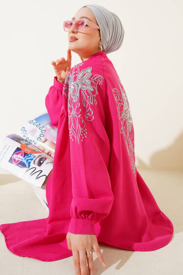 Nakışlı Pullu Kimono Fuşya - Yılın Fırsatı 