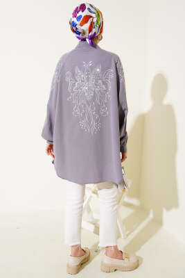 Nakışlı Pullu Kimono Gri - Dış Giyim&Mont