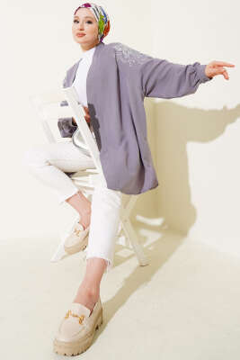 Nakışlı Pullu Kimono Gri - Yılın Fırsatı 