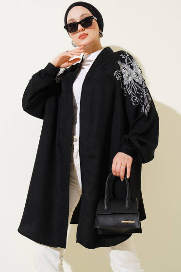 Nakışlı Pullu Kimono Siyah - Yılın Fırsatı 