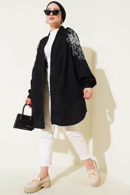 Nakışlı Pullu Kimono Siyah - Yılın Fırsatı 