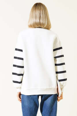Nakışlı Şeritli Üç İplik Sweatshirt Ekru - Kadın Giyim Modelleri