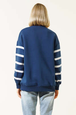 Nakışlı Şeritli Üç İplik Sweatshirt Lacivert - Kadın Giyim Modelleri