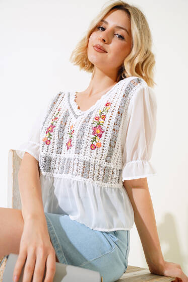 Nakışlı Şifon Bluz Gri - Kadın Giyim Modelleri