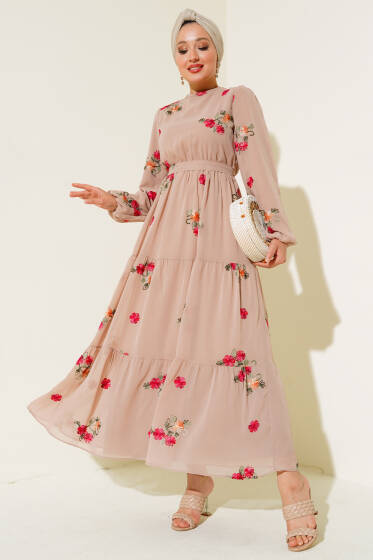Nakışlı Şifon Elbise Latte - Elbise